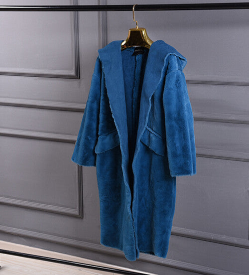 Stylish Blue Faux Suede Spliced Faux Fur Coat Women Hooded Faux Fur Jackets Mid Long Loose Outerwear