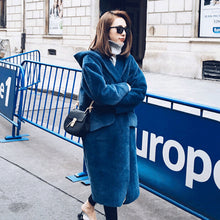 Stylish Blue Faux Suede Spliced Faux Fur Coat Women Hooded Faux Fur Jackets Mid Long Loose Outerwear