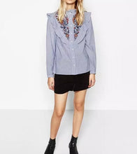 Stylish Blue White Striped Print Flower Embroidery Shirt Ruffled Collar Long sleeve Ruffles Mid long Blouse Tops femme blusa