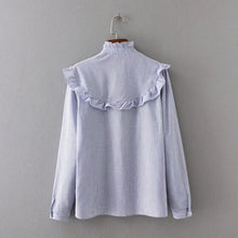 Stylish Blue White Striped Print Flower Embroidery Shirt Ruffled Collar Long sleeve Ruffles Mid long Blouse Tops femme blusa