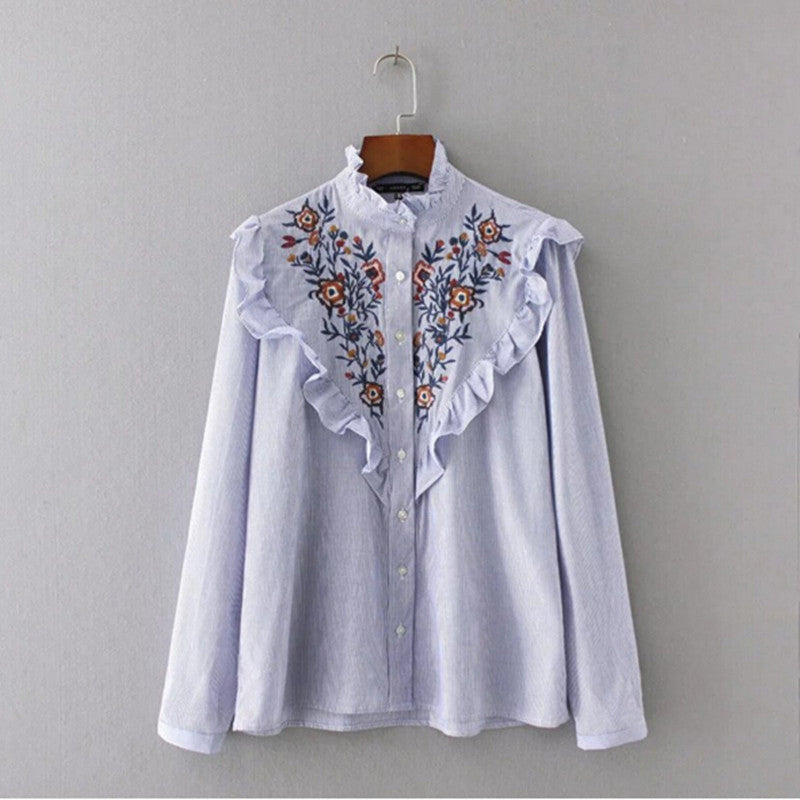 Stylish Blue White Striped Print Flower Embroidery Shirt Ruffled Collar Long sleeve Ruffles Mid long Blouse Tops femme blusa
