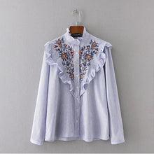 Stylish Blue White Striped Print Flower Embroidery Shirt Ruffled Collar Long sleeve Ruffles Mid long Blouse Tops femme blusa