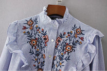 Stylish Blue White Striped Print Flower Embroidery Shirt Ruffled Collar Long sleeve Ruffles Mid long Blouse Tops femme blusa
