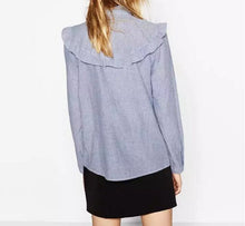 Stylish Blue White Striped Print Flower Embroidery Shirt Ruffled Collar Long sleeve Ruffles Mid long Blouse Tops femme blusa