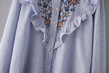 Stylish Blue White Striped Print Flower Embroidery Shirt Ruffled Collar Long sleeve Ruffles Mid long Blouse Tops femme blusa