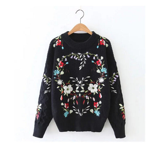 Stylish Colored Floral Embroidery Sweater Women O neck Striped Line Knitwear Jumper Pullover kleding jerseis femme Black