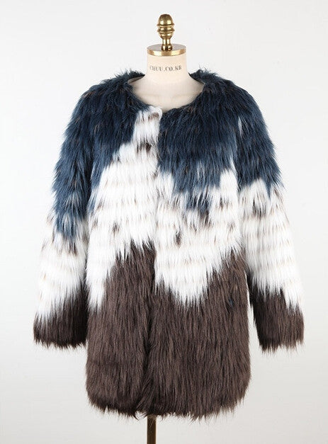 Stylish Contrast Color Long Hairy Shaggy Faux Fur Coat Women O Neck Faux Fur Jackets Mid Long Outerwear