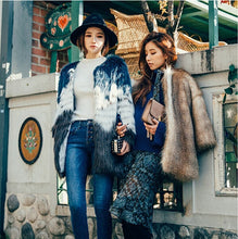 Stylish Contrast Color Long Hairy Shaggy Faux Fur Coat Women O Neck Faux Fur Jackets Mid Long Outerwear