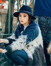 Stylish Contrast Color Long Hairy Shaggy Faux Fur Coat Women O Neck Faux Fur Jackets Mid Long Outerwear