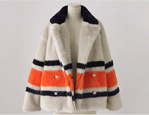 Stylish Contrast color Striped Hairy Shaggy Faux Fur Coat Women Spliced Lapel Faux Mink Fur Coats Warm Outerwear