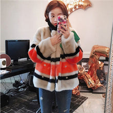Stylish Contrast color Striped Hairy Shaggy Faux Fur Coat Women Spliced Lapel Faux Mink Fur Coats Warm Outerwear
