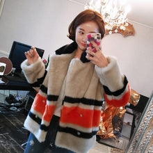 Stylish Contrast color Striped Hairy Shaggy Faux Fur Coat Women Spliced Lapel Faux Mink Fur Coats Warm Outerwear