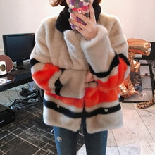 Stylish Contrast color Striped Hairy Shaggy Faux Fur Coat Women Spliced Lapel Faux Mink Fur Coats Warm Outerwear