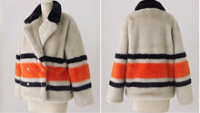 Stylish Contrast color Striped Hairy Shaggy Faux Fur Coat Women Spliced Lapel Faux Mink Fur Coats Warm Outerwear