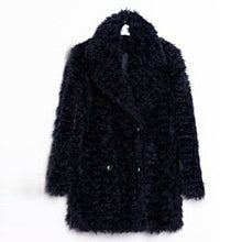 Stylish Dark blue Curly Long Hairy Shaggy Faux Sheep Fur Coat Woman Lapel Faux Fur Mid Long Coats Warm Outerwear