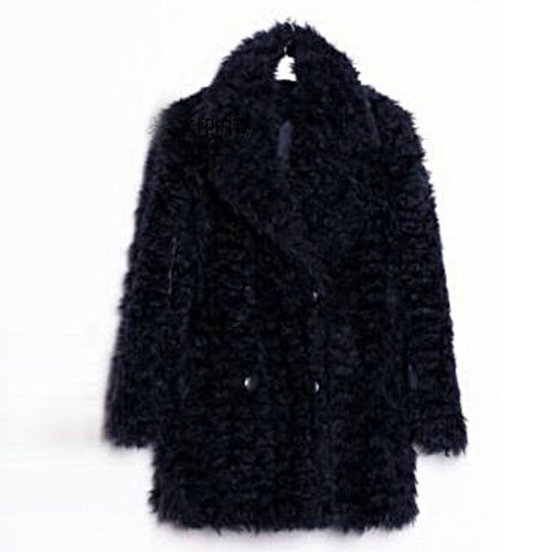 Stylish Dark blue Curly Long Hairy Shaggy Faux Sheep Fur Coat Woman Lapel Faux Fur Mid Long Coats Warm Outerwear