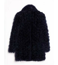 Stylish Dark blue Curly Long Hairy Shaggy Faux Sheep Fur Coat Woman Lapel Faux Fur Mid Long Coats Warm Outerwear