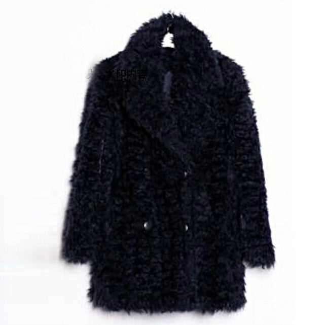 Stylish Dark blue Curly Long Hairy Shaggy Faux Sheep Fur Coat Woman Lapel Faux Fur Mid Long Coats Warm Outerwear