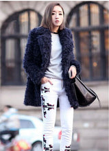 Stylish Dark blue Curly Long Hairy Shaggy Faux Sheep Fur Coat Woman Lapel Faux Fur Mid Long Coats Warm Outerwear