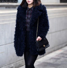 Stylish Dark blue Curly Long Hairy Shaggy Faux Sheep Fur Coat Woman Lapel Faux Fur Mid Long Coats Warm Outerwear