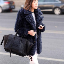 Stylish Dark blue Curly Long Hairy Shaggy Faux Sheep Fur Coat Woman Lapel Faux Fur Mid Long Coats Warm Outerwear