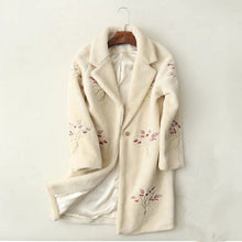 Stylish Embroidery Flower Hairy Shaggy Faux Fur Coat Woman Lapel Mid Long Coats Warm Outerwear