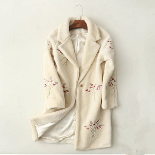 Stylish Embroidery Flower Hairy Shaggy Faux Fur Coat Woman Lapel Mid Long Coats Warm Outerwear