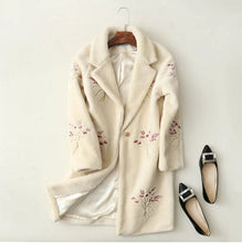 Stylish Embroidery Flower Hairy Shaggy Faux Fur Coat Woman Lapel Mid Long Coats Warm Outerwear