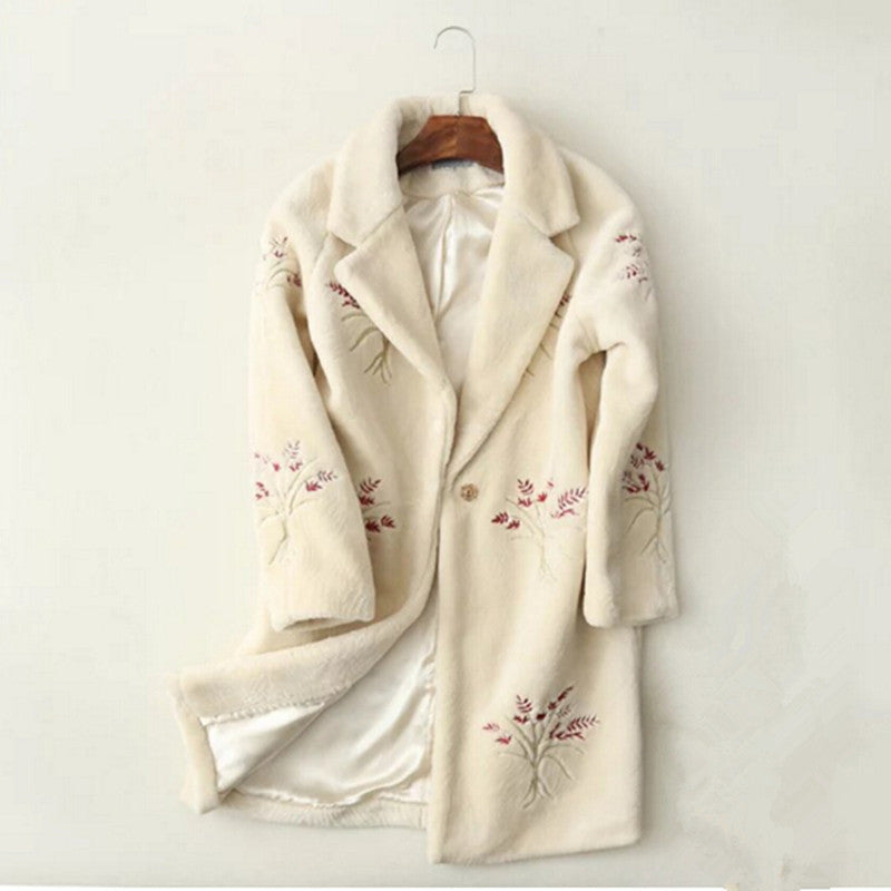 Stylish Embroidery Flower Hairy Shaggy Faux Fur Coat Woman Lapel Mid Long Coats Warm Outerwear