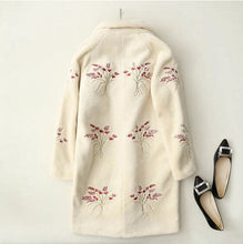 Stylish Embroidery Flower Hairy Shaggy Faux Fur Coat Woman Lapel Mid Long Coats Warm Outerwear