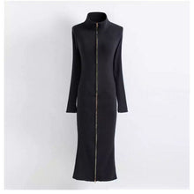 Stylish High neck Knit Sweater Dress Women Solid Color Long Jumper Long Zipper Sweater Dresses Black