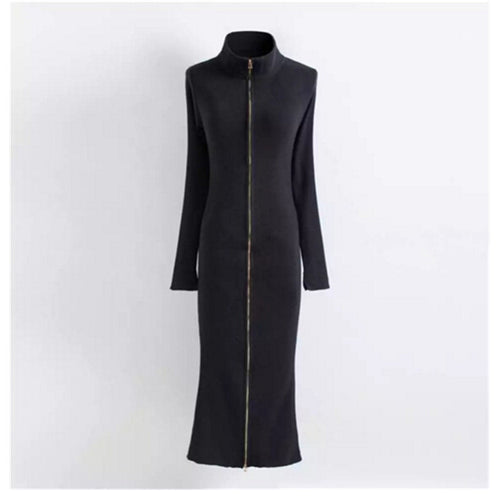 Stylish High neck Knit Sweater Dress Women Solid Color Long Jumper Long Zipper Sweater Dresses Black
