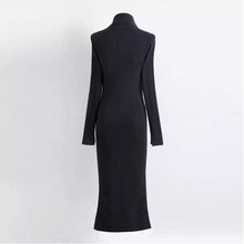 Stylish High neck Knit Sweater Dress Women Solid Color Long Jumper Long Zipper Sweater Dresses Black