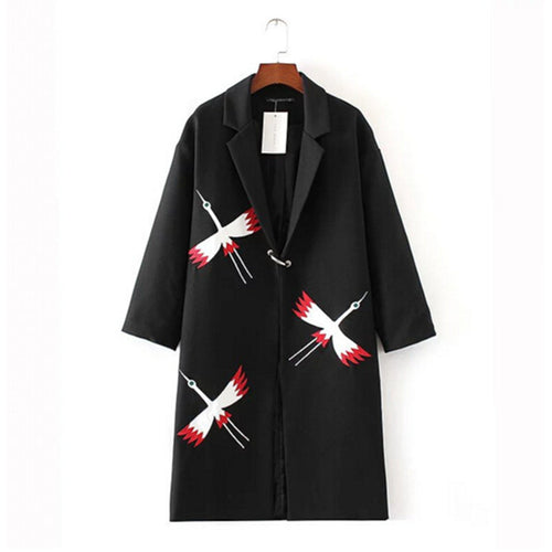 Stylish Metal Buckle Appliques Bird Embroidery Trench women Lapel Mid Long Windbreaker Coat Outerwear Black