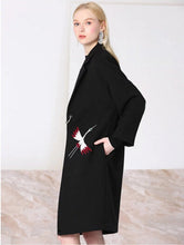 Stylish Metal Buckle Appliques Bird Embroidery Trench women Lapel Mid Long Windbreaker Coat Outerwear Black