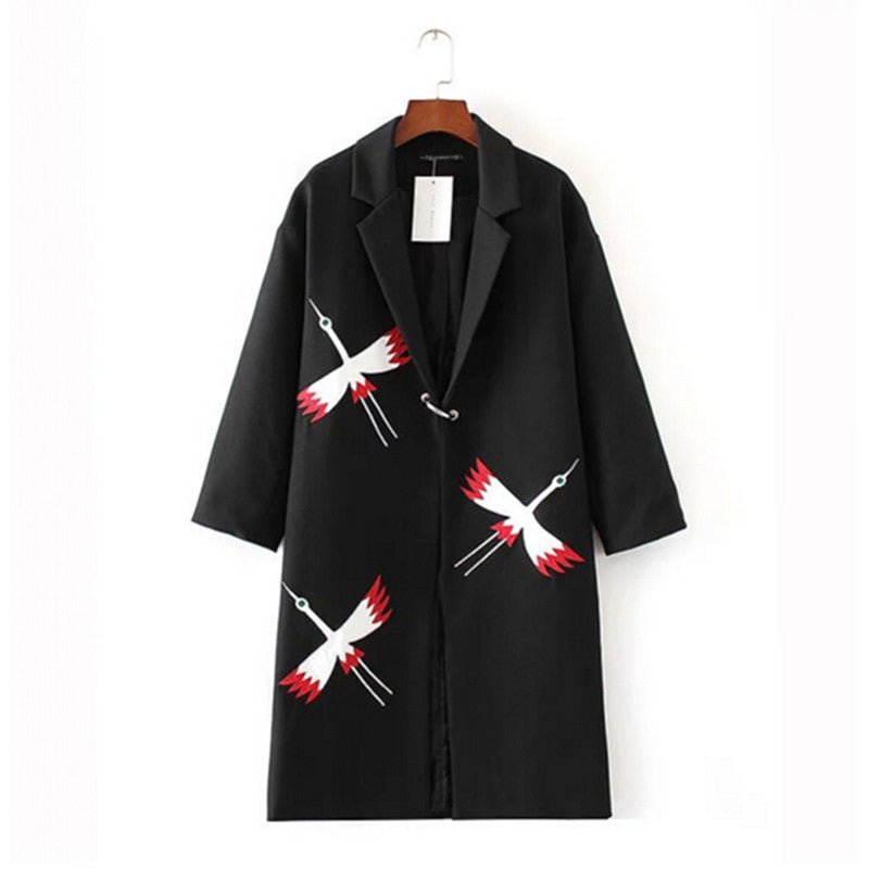 Stylish Metal Buckle Appliques Bird Embroidery Trench women Lapel Mid Long Windbreaker Coat Outerwear Black