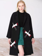 Stylish Metal Buckle Appliques Bird Embroidery Trench women Lapel Mid Long Windbreaker Coat Outerwear Black