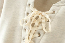 Stylish Metal Hole Lacing up V neck Strappy Sweatshirt Woman Short Pullover Hoodies Casual Jumper Sweats Tops Beige