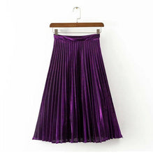 Stylish Metallic color Line Midi Long Pleated Skirt Woman High Waist Gradient A line Skater Swing Skirts 3 colors 65cm