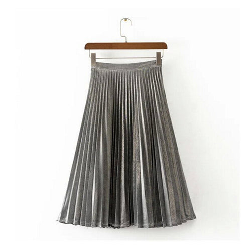 Stylish Metallic color Line Midi Long Pleated Skirt Woman High Waist Gradient A line Skater Swing Skirts 3 colors 65cm