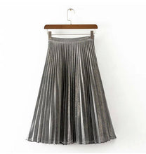 Stylish Metallic color Line Midi Long Pleated Skirt Woman High Waist Gradient A line Skater Swing Skirts 3 colors 65cm