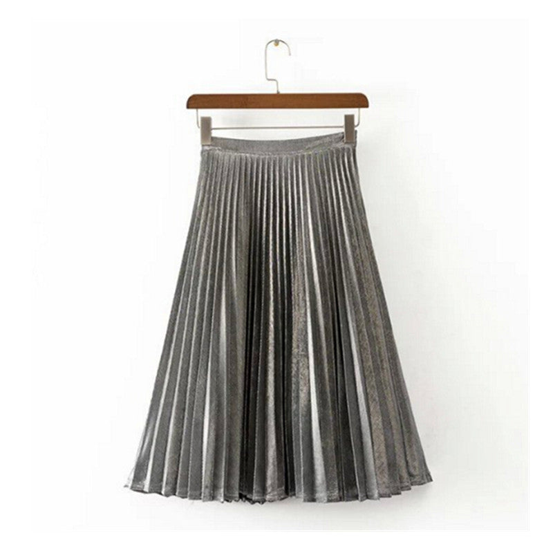 Stylish Metallic color Line Midi Long Pleated Skirt Woman High Waist Gradient A line Skater Swing Skirts 3 colors 65cm