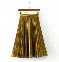 Stylish Metallic color Line Midi Long Pleated Skirt Woman High Waist Gradient A line Skater Swing Skirts 3 colors 65cm