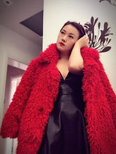Stylish Red Curly Long Hairy Shaggy Faux Lamb Wool Fur Coat Women Lapel Faux Fur Jackets Loose Mid Long Outerwear