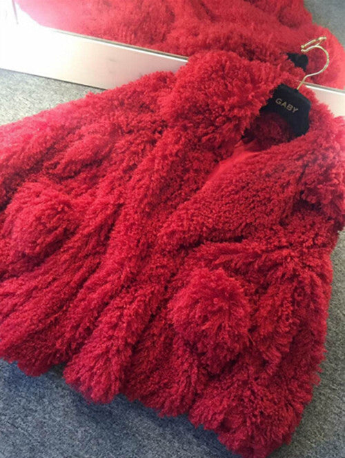 Stylish Red Curly Long Hairy Shaggy Faux Lamb Wool Fur Coat Women Lapel Faux Fur Jackets Loose Mid Long Outerwear