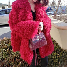 Stylish Red Curly Long Hairy Shaggy Faux Lamb Wool Fur Coat Women Lapel Faux Fur Jackets Loose Mid Long Outerwear