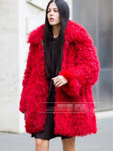 Stylish Red Curly Long Hairy Shaggy Faux Lamb Wool Fur Coat Women Lapel Faux Fur Jackets Loose Mid Long Outerwear