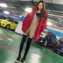 Stylish Red Curly Long Hairy Shaggy Faux Lamb Wool Fur Coat Women Lapel Faux Fur Jackets Loose Mid Long Outerwear