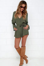 Stylish Sashes Long sleeve Short Jumpsuit Women Deep Cross V-Neck Chiffon Rompers Playsuits 3 colors