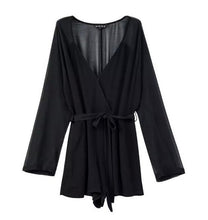 Stylish Sashes Long sleeve Short Jumpsuit Women Deep Cross V-Neck Chiffon Rompers Playsuits 3 colors
